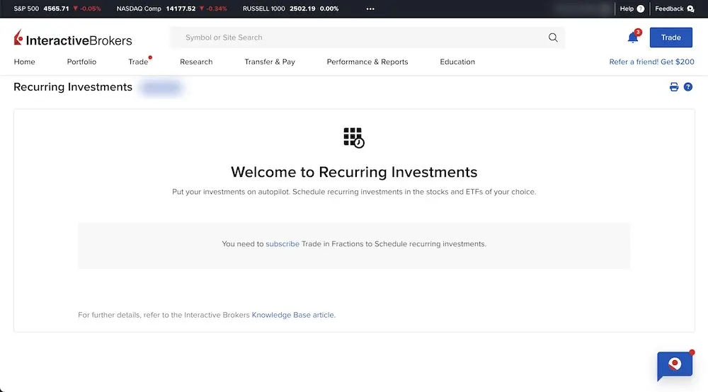 Recurring Investments homepage on Interactive Brokers