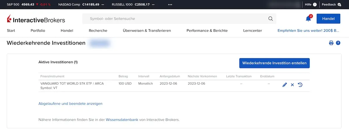 Listenansicht deiner wiederkehrenden Aufträge bei Interactive Brokers