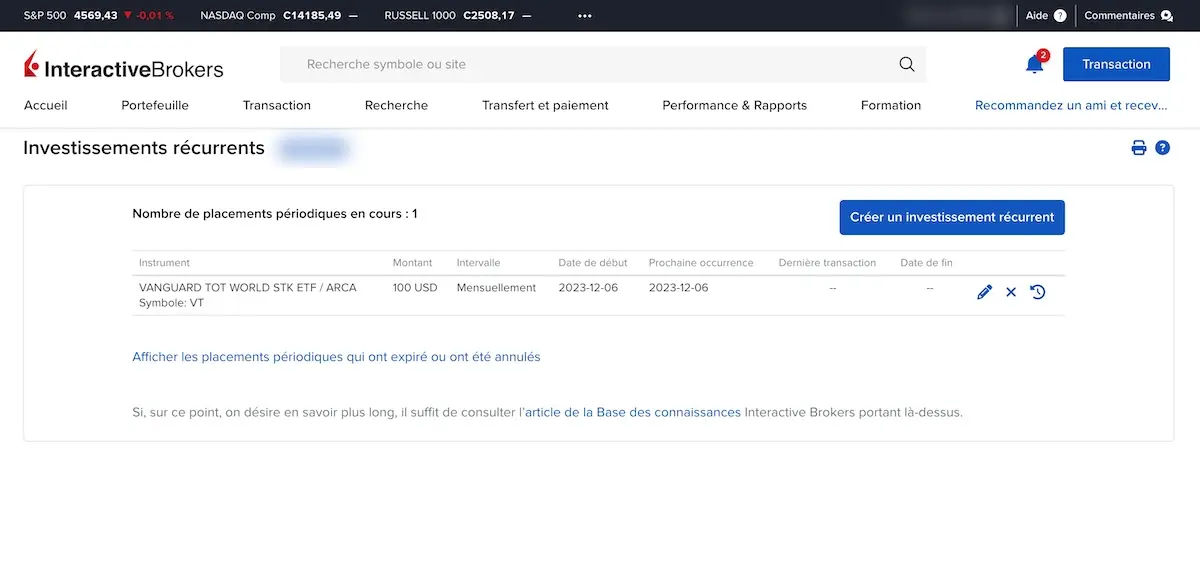 Vue liste de tes investissements récurrents sur Interactive Brokers