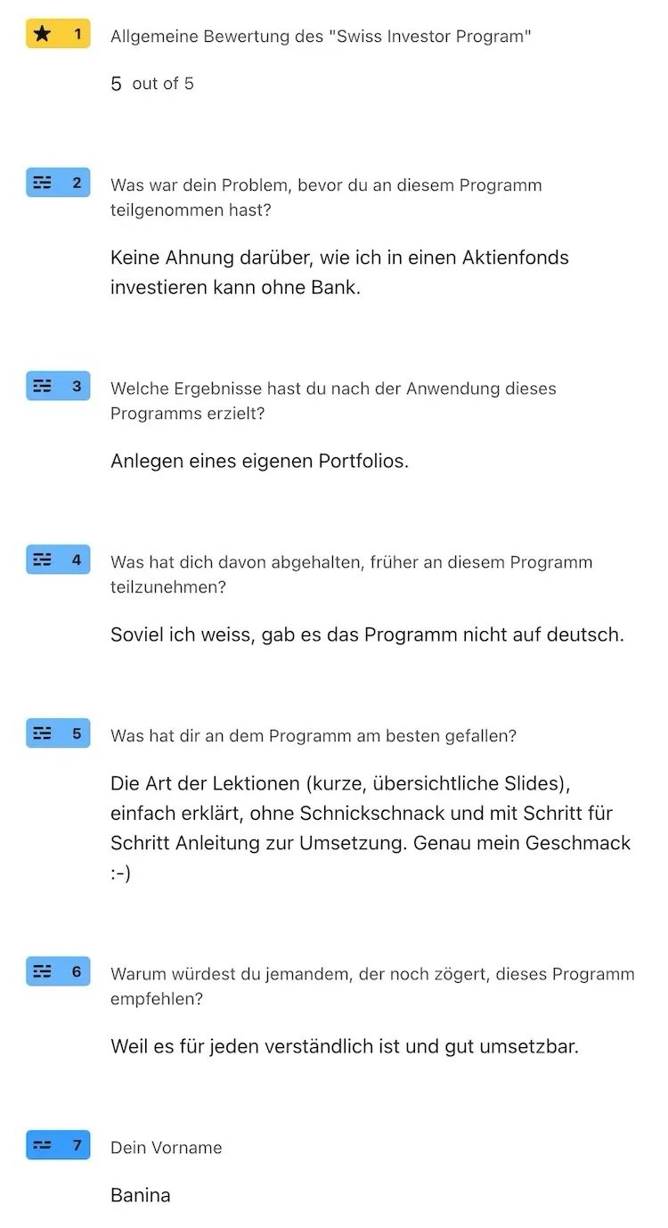 Baninas Feedback zu meinem  Schweizer Programm Investieren für Anfänger