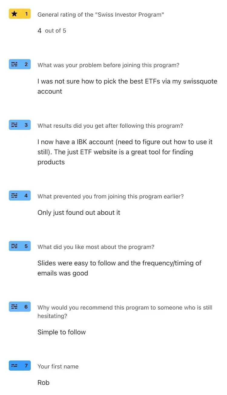 Feedback from Rob about my beginners program 'How to start investing in Switzerland'