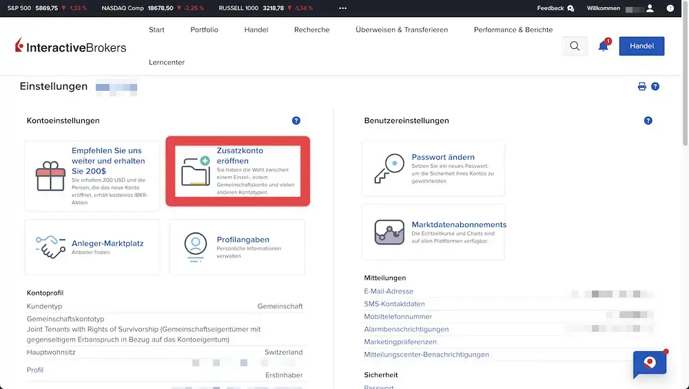 Du kannst ein IBKR-Unterkonto ganz einfach über diesen Abschnitt in den Einstellungen deines Interactive Brokers-Kontos erstellen