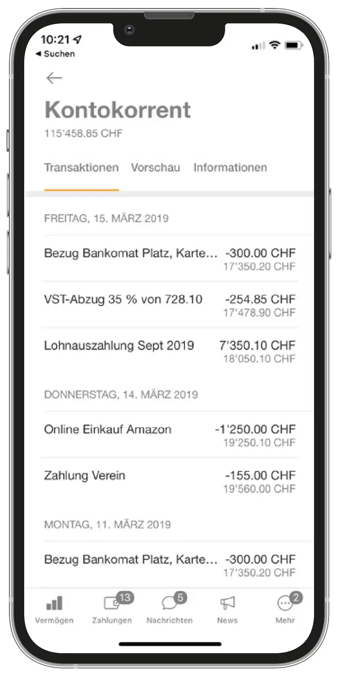 The Bank WIR Mobile Banking app for tracking all my foreign currency purchases with my Debit Mastercard