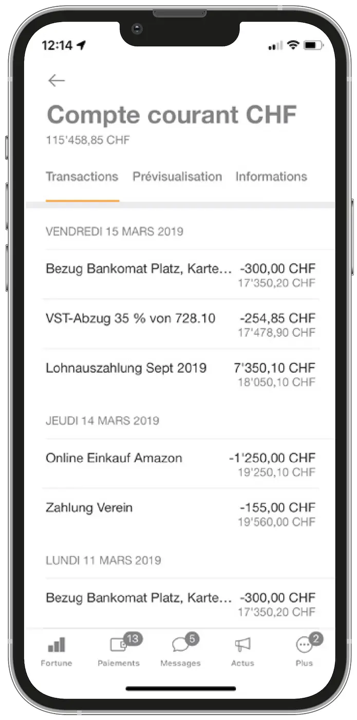 L'app de Mobile Banking de la Banque WIR pour suivre tous mes achats en devises étrangères avec ma Debit Mastercard