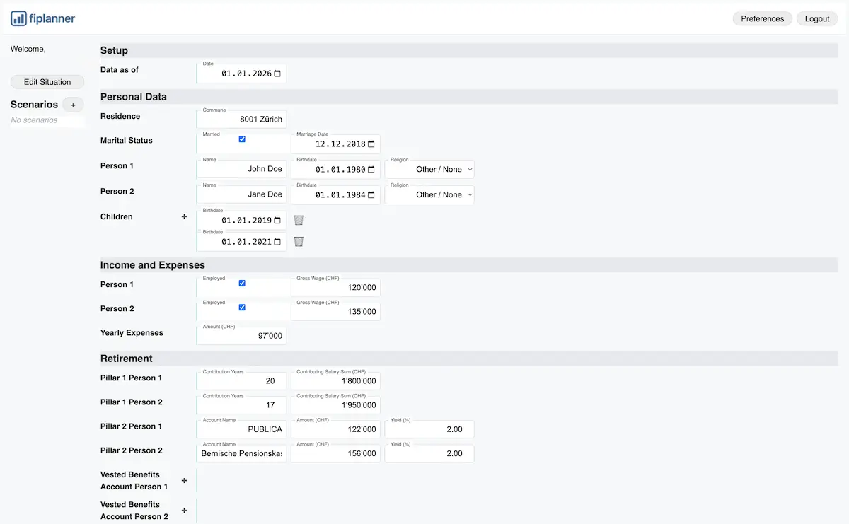 FI Planner web application version (before new design implemented): entering your data