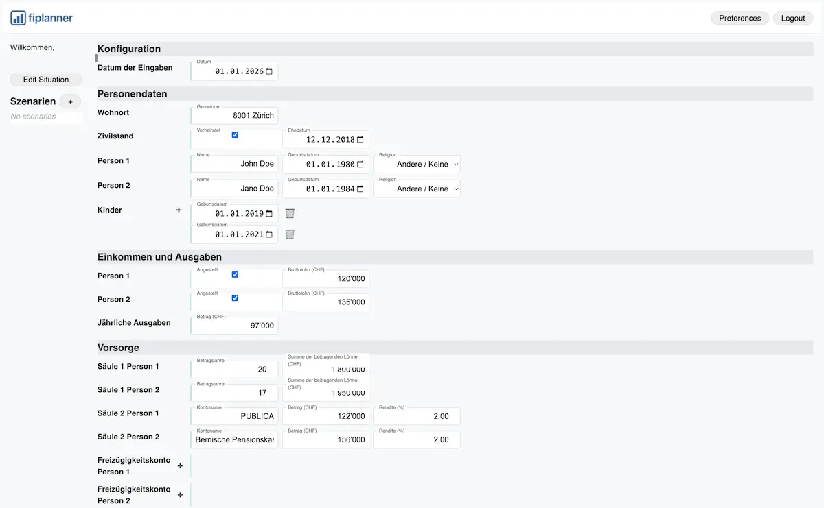 FI Planner Web App Version (vor der Implementierung des neuen Designs): Eingabe deiner Daten