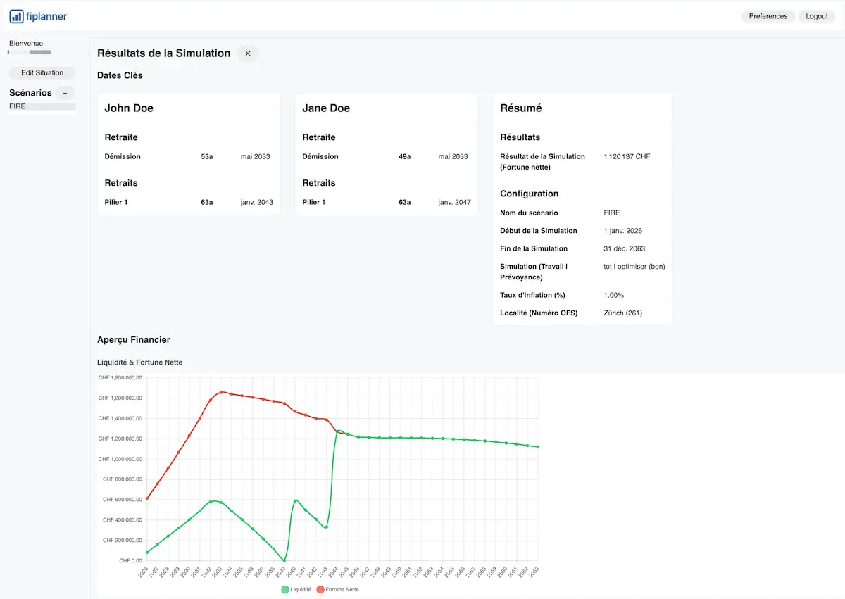 Version application web de FI Planner (avant le nouveau design implémenté): résultat de simulation