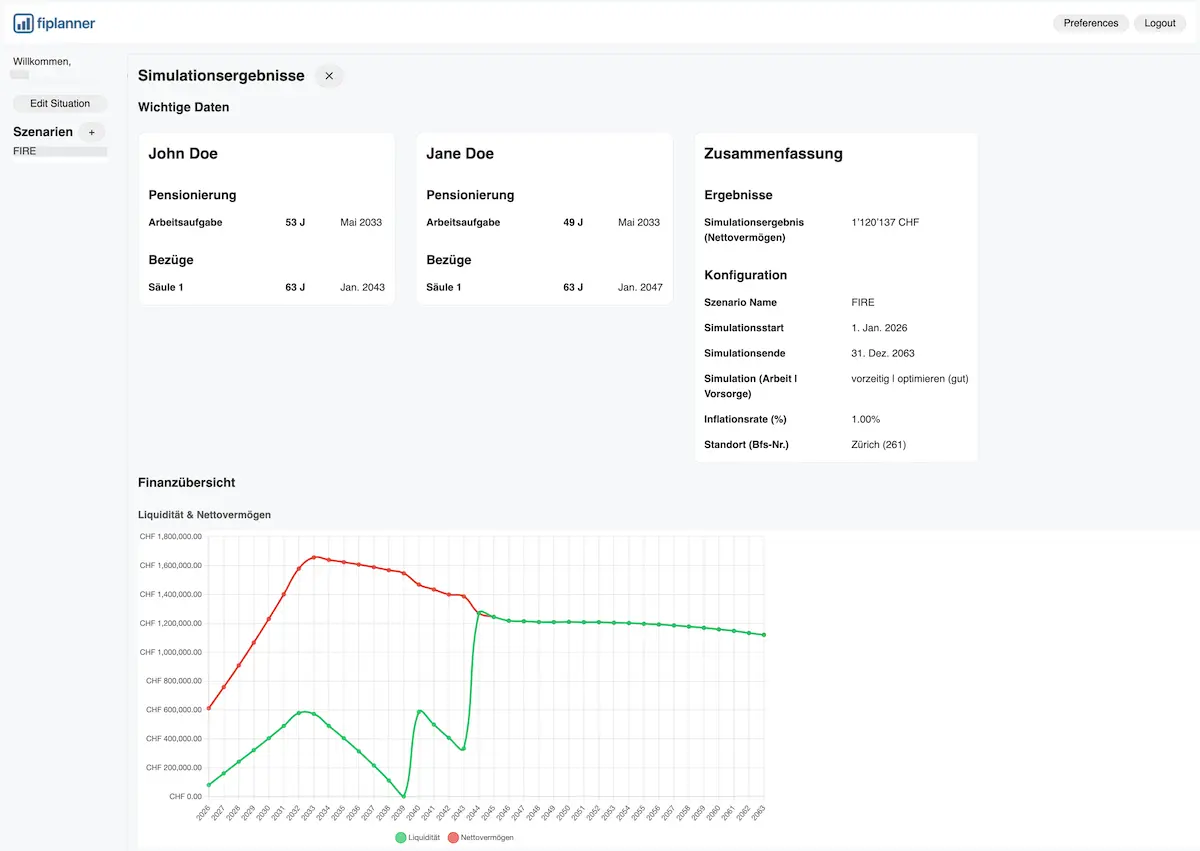 FI Planner Web App Version (vor dem neuen Design): Simulationsergebnis