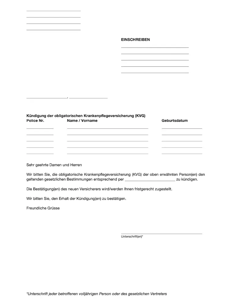 Sample cancellation letter for Swiss KVG/LAMal health insurance, in German: a short registered letter, and done!
