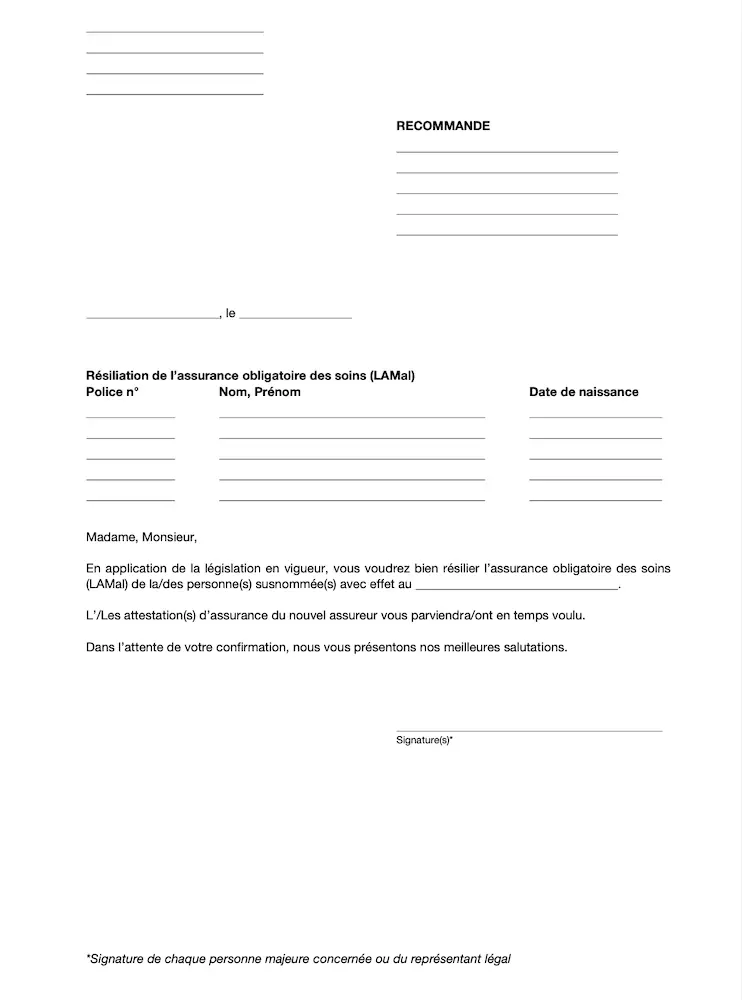 Sample cancellation letter for Swiss KVG/LAMal health insurance, in French