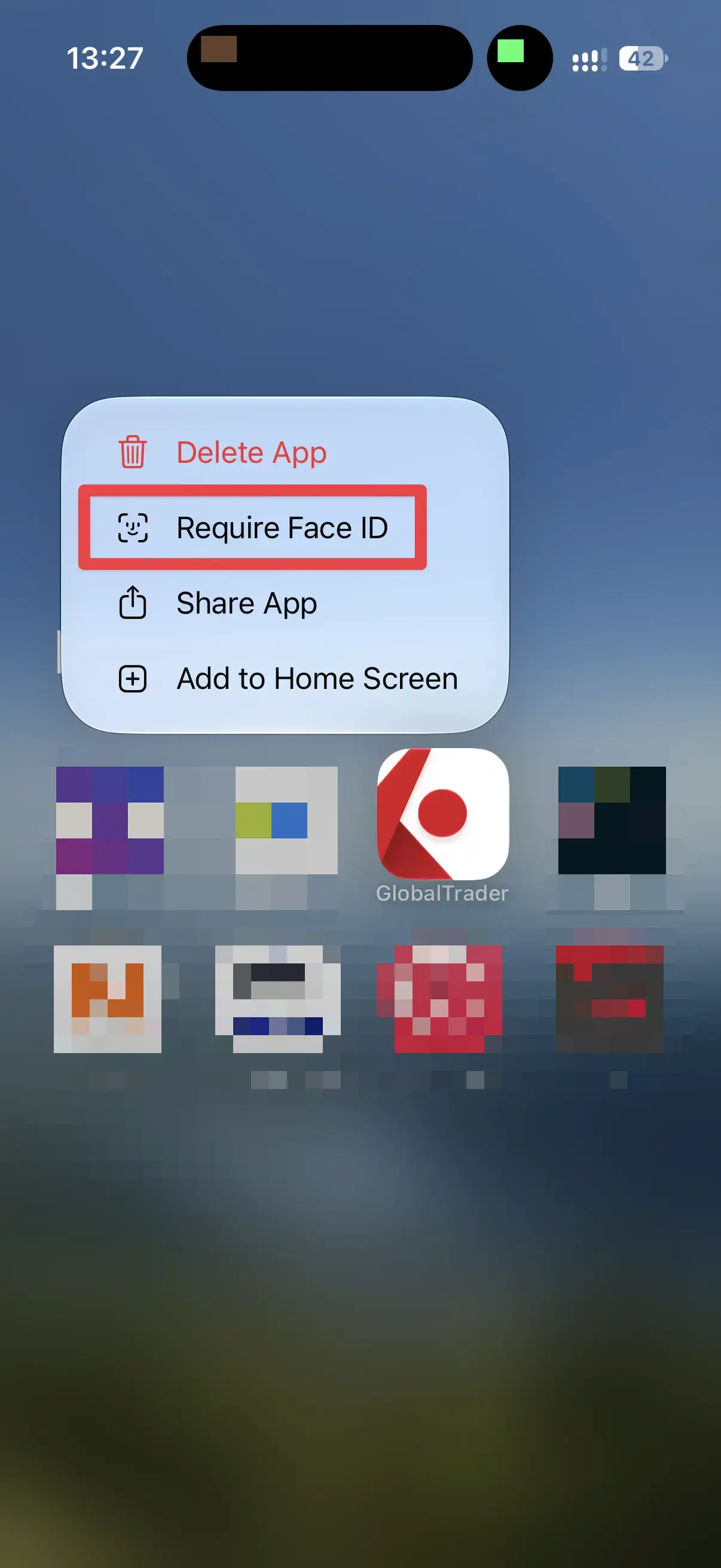 To lock the IBKR GlobalTrader app on iPhone, long-press the icon, then Require Face ID. The app won't open without your face anymore.
