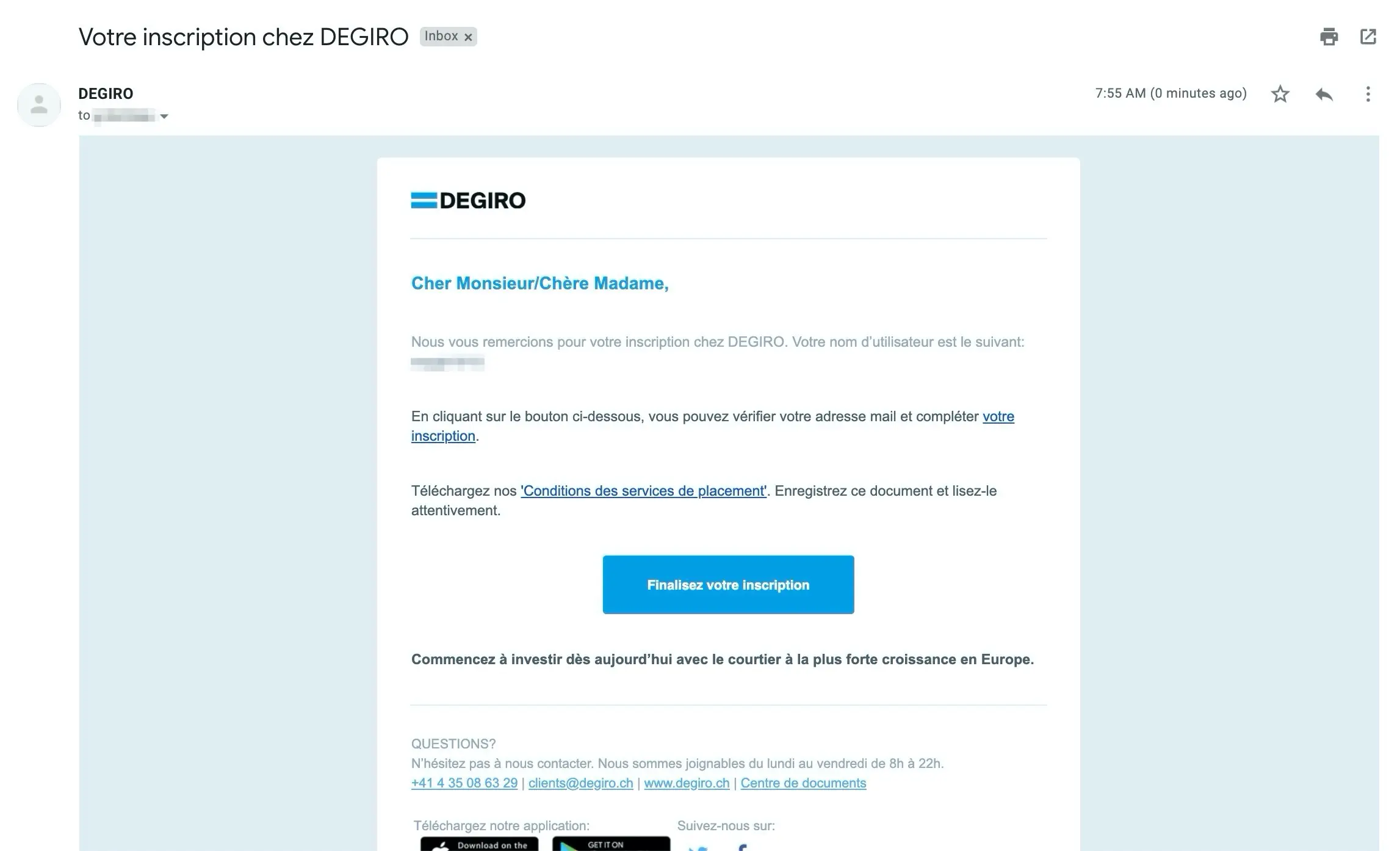 Klick auf den Link in der E-Mail, die du erhalten hast, um mit der Eröffnung deines DEGIRO-Brokerage-Kontos fortzufahren