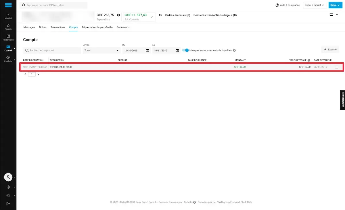 Und durch Klick auf den Tab 'Konto' sieht man die CHF 10, die ich von meinem Zak-Konto überwiesen habe
