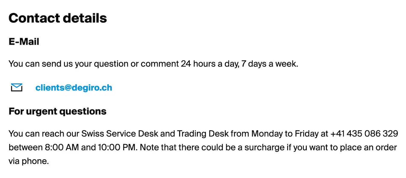 DEGIRO Switzerland contact information