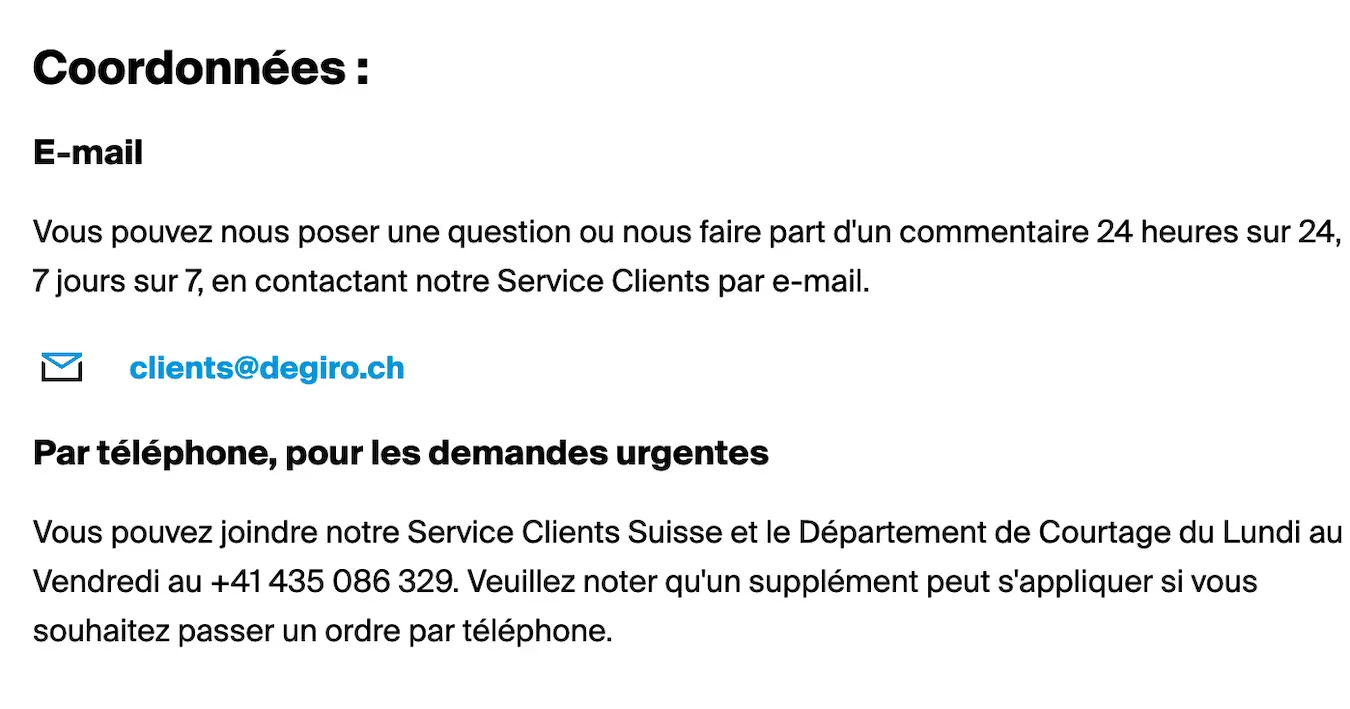 Informations de contact DEGIRO Suisse