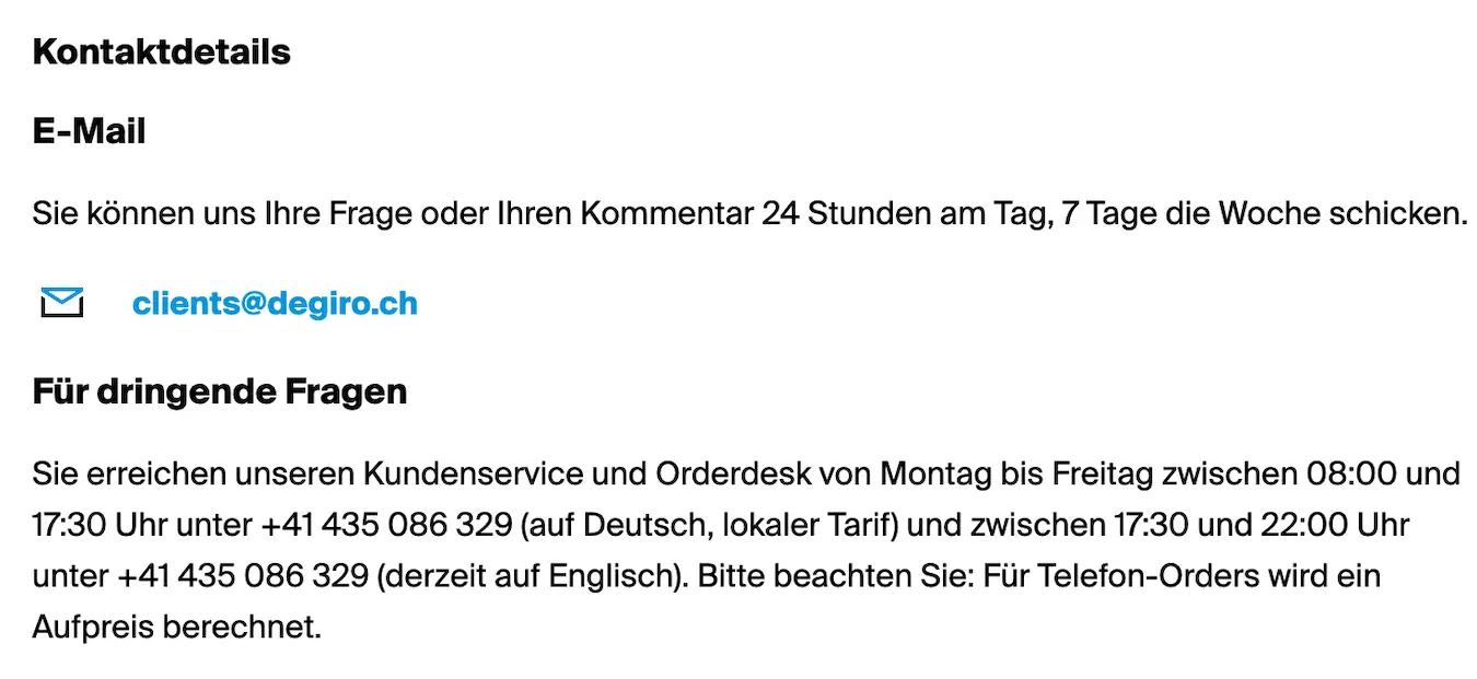 DEGIRO Schweiz Kontaktinformationen