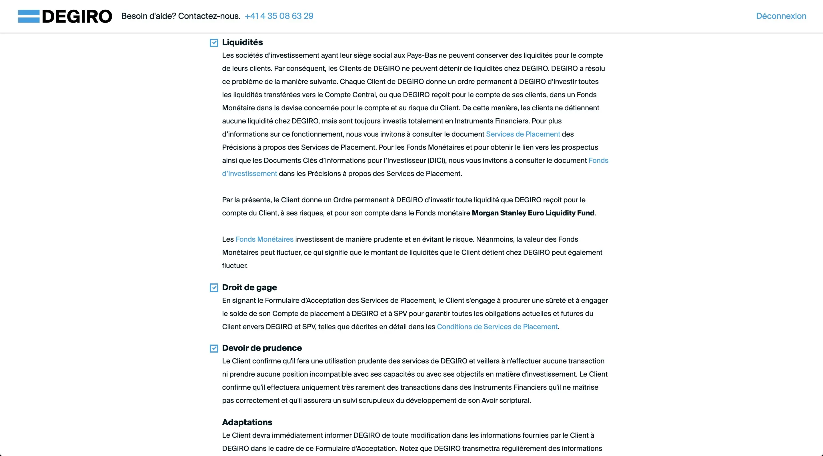 Investment service acceptance form (suite)