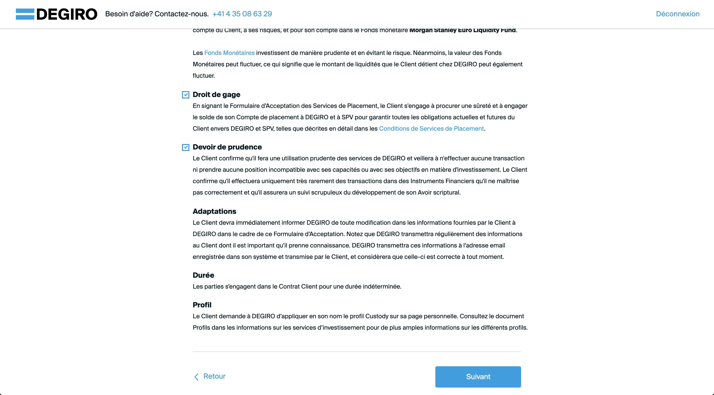 Investment service acceptance form (suite)
