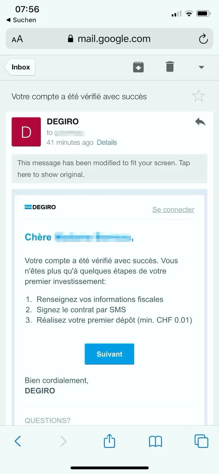 Email confirmation of the verification of your new DEGIRO account