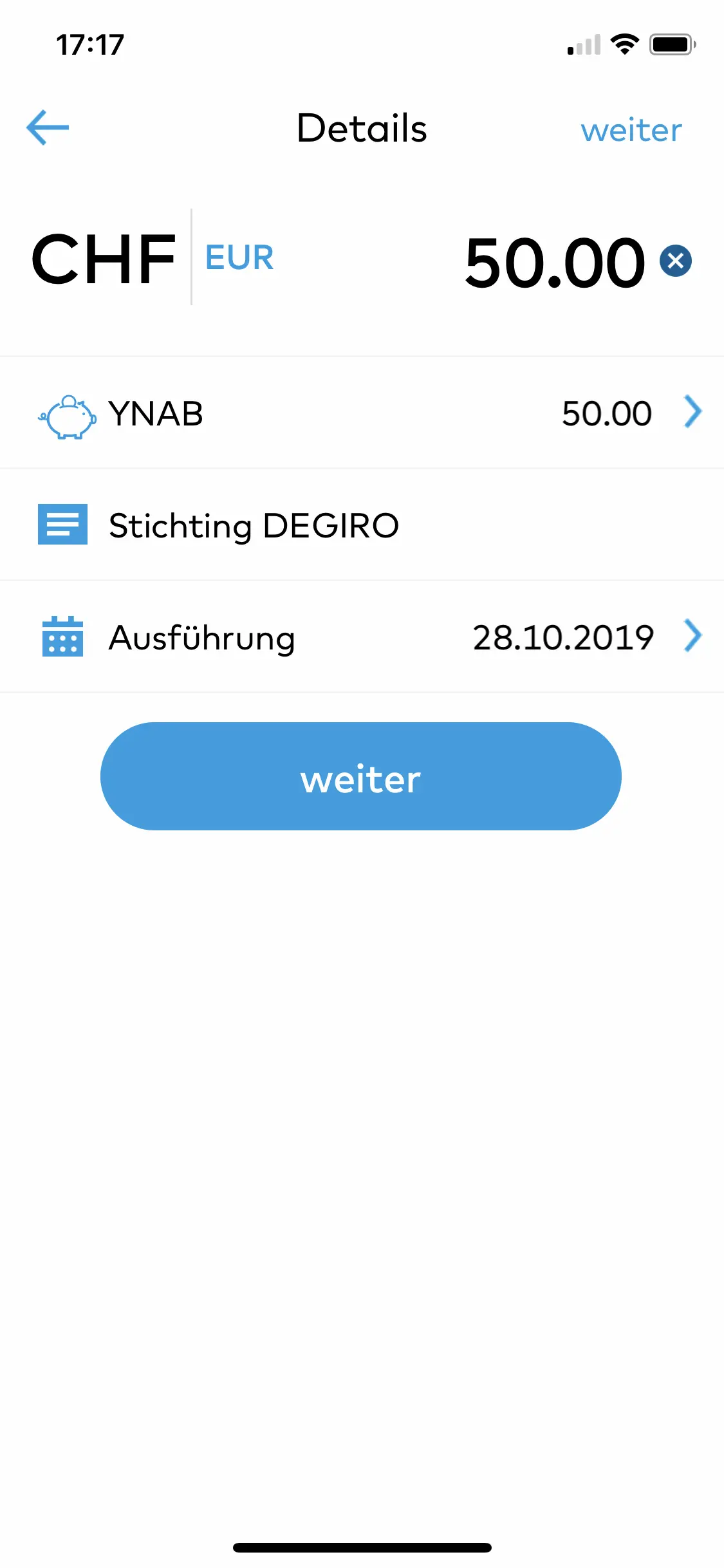 Indication of the amount to be transferred to DEGIRO