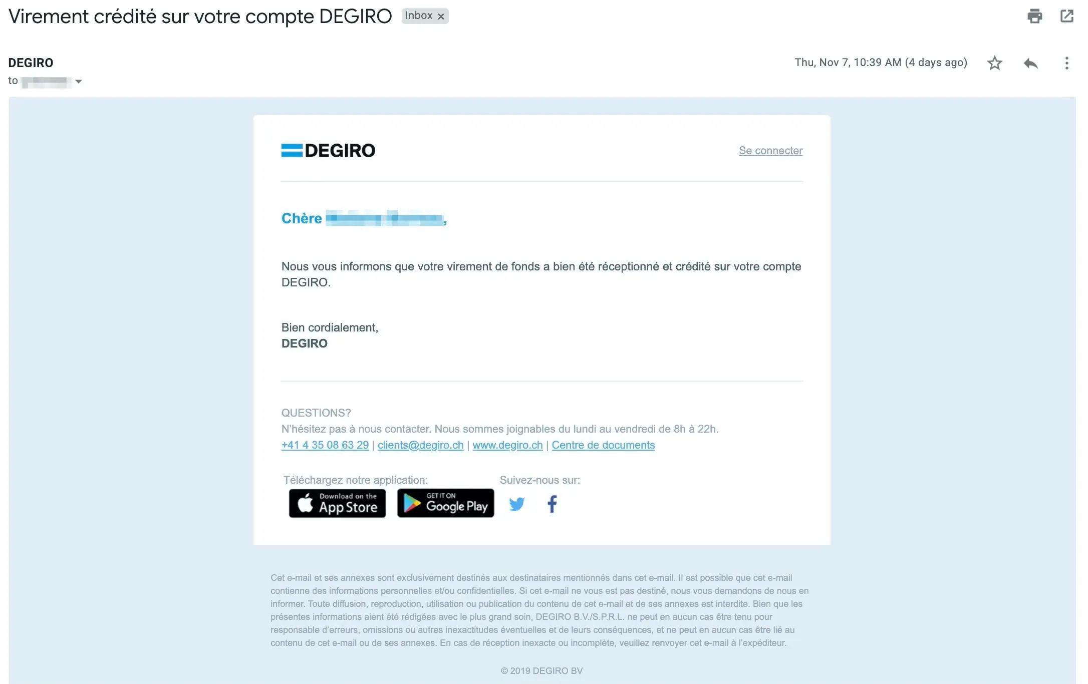 Email confirmation of receipt of your bank transfer from your Zak account