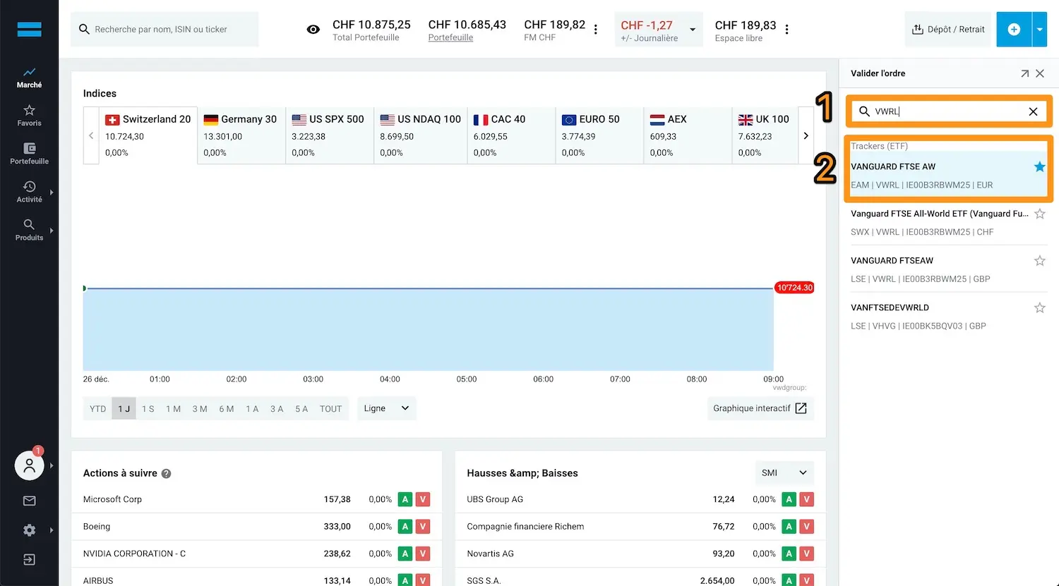 Search for the VWRL ETF on DEGIRO (1) (take the one with 'EAM' (2) which corresponds to the stock exchange 'Euronext Amsterdam')
