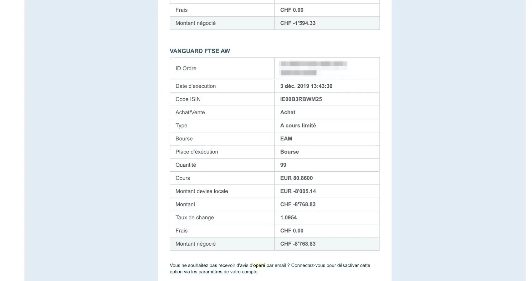 DEGIRO notification by email that my VWRL ETF purchase order has gone through! (bis)