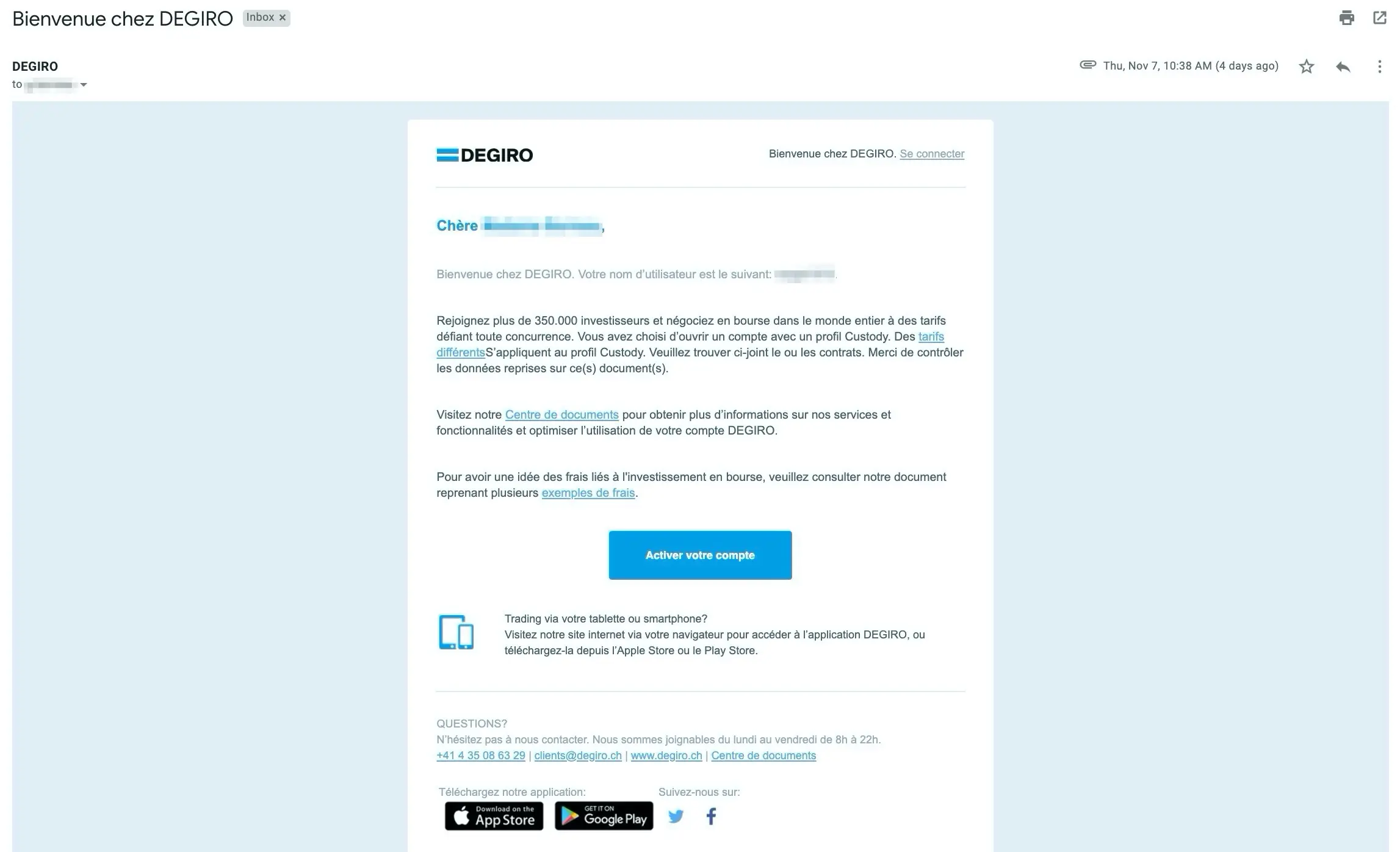 Email d'activation du compte DEGIRO (il suffit de cliquer sur le lien)