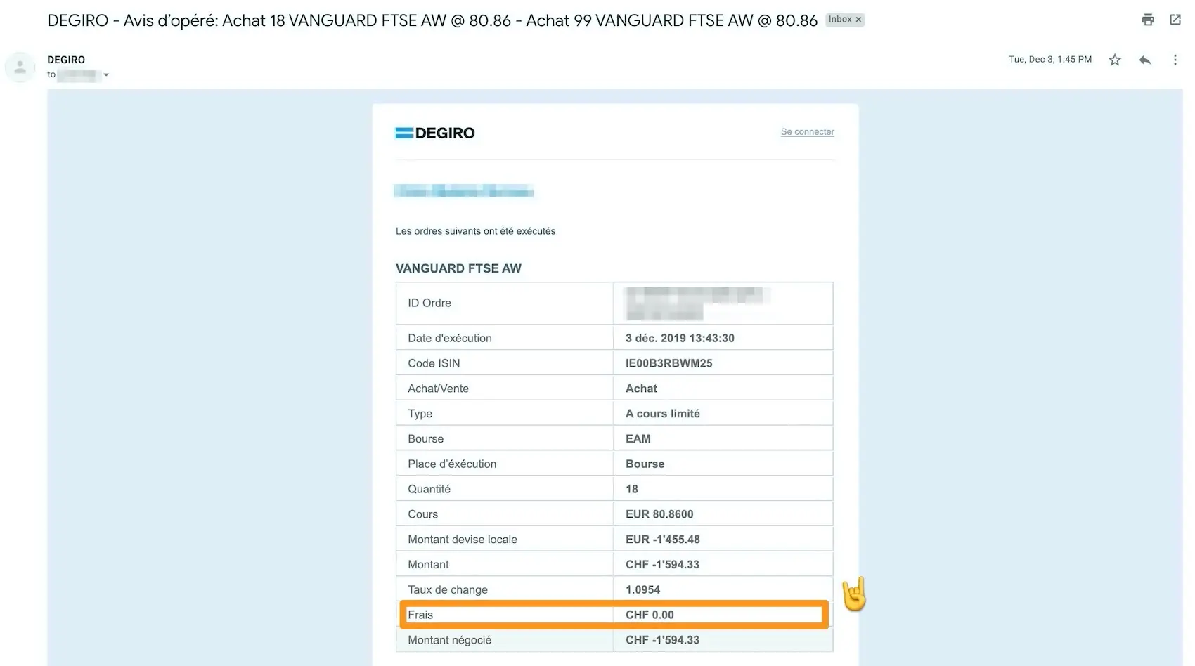 Notification DEGIRO par email que mon ordre d'achat d'ETF VWRL est bien passé !