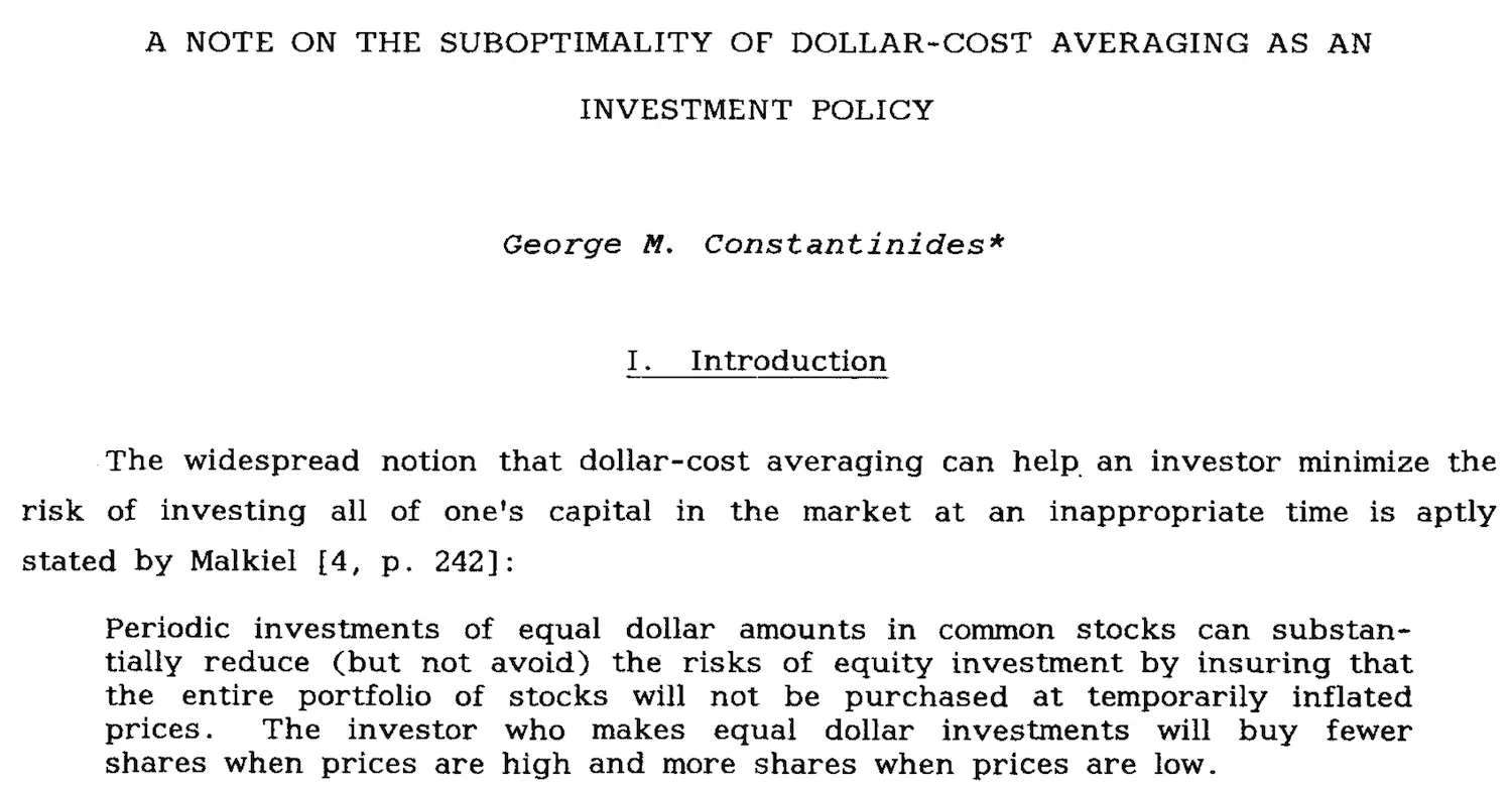 Excerpt from Constantinides' (1979) study proving the suboptimality of Dollar Cost Averaging