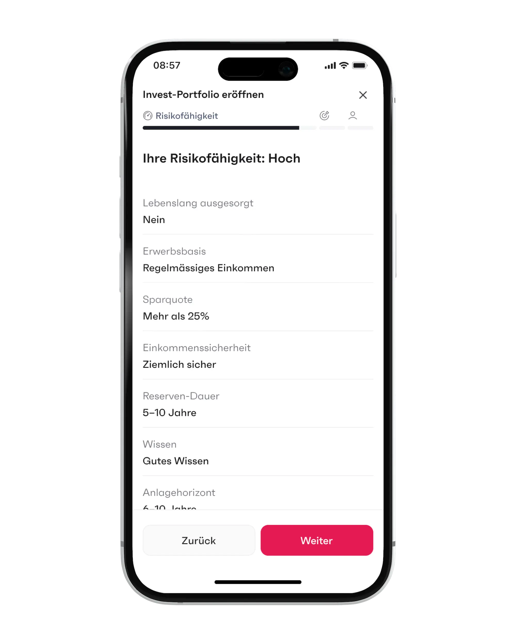Zusammenfassung deines finpension Invest Risikoprofils (hier 'Hoch')