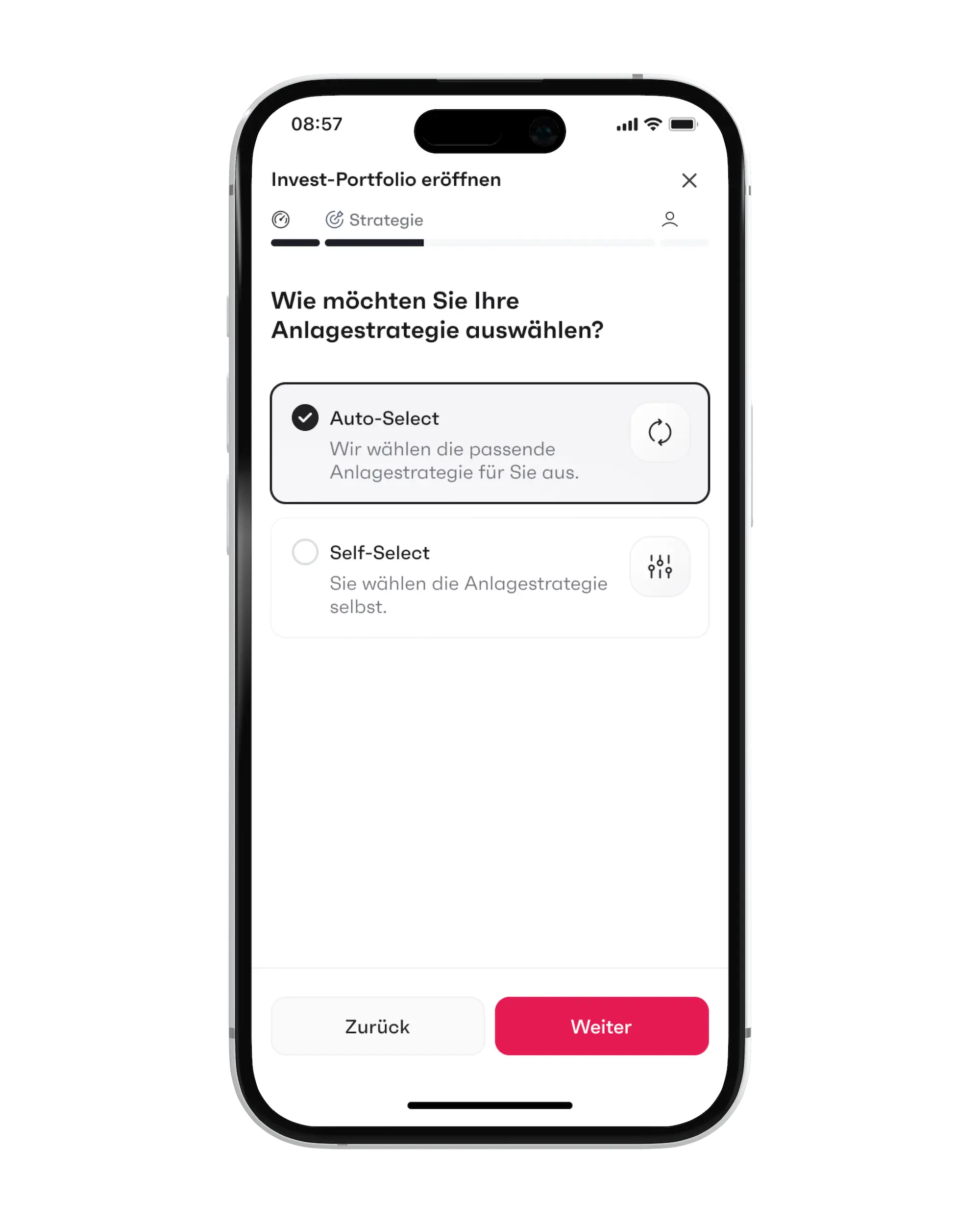 Wähle, wie du deine Strategie festlegen willst: Auto-Select (finpension wählt für dich) oder Self-Select (du wählst selbst)