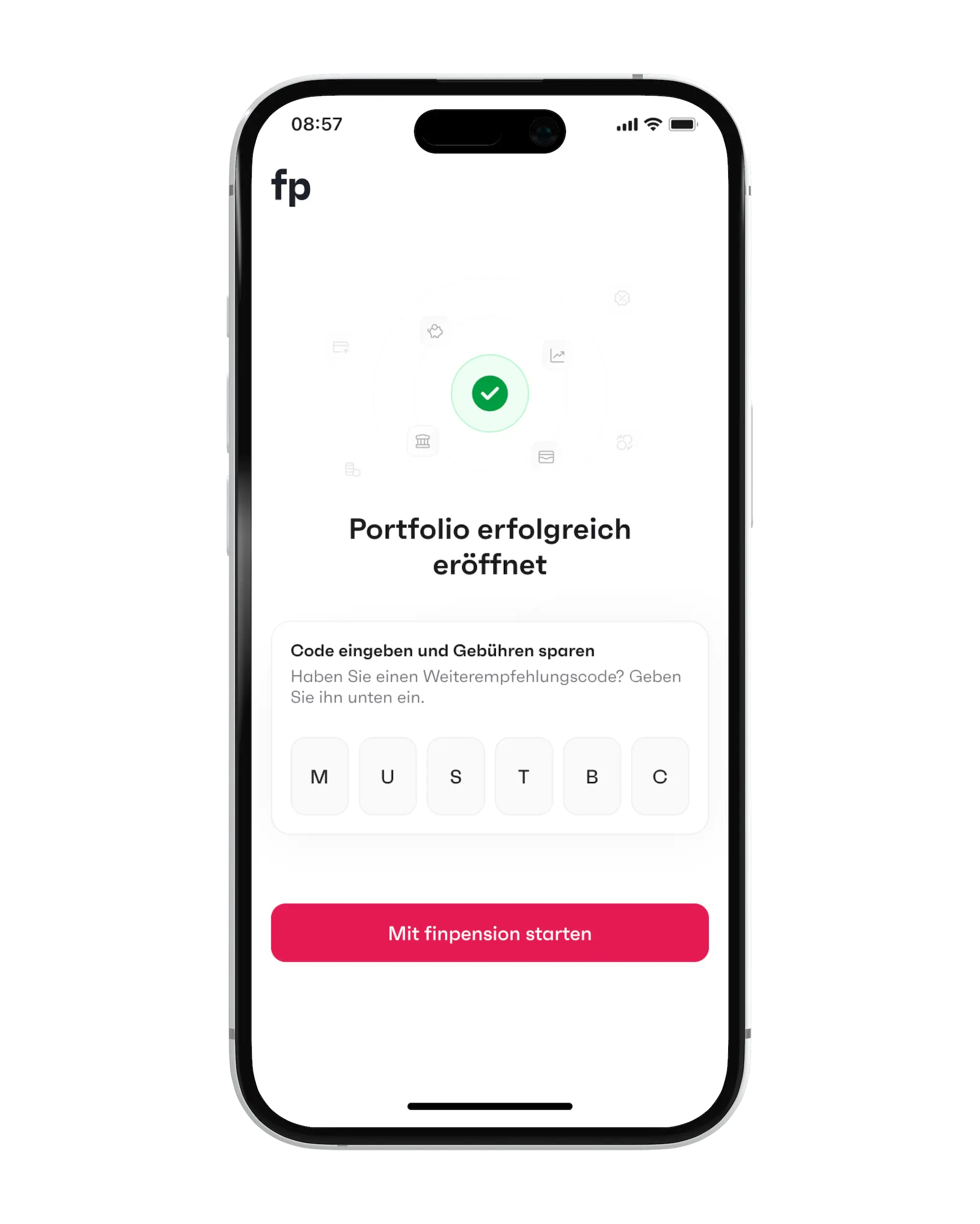 Eingabe des finpension Promo-Codes 'MUSTBC' für eine Gebührengutschrift von CHF 25