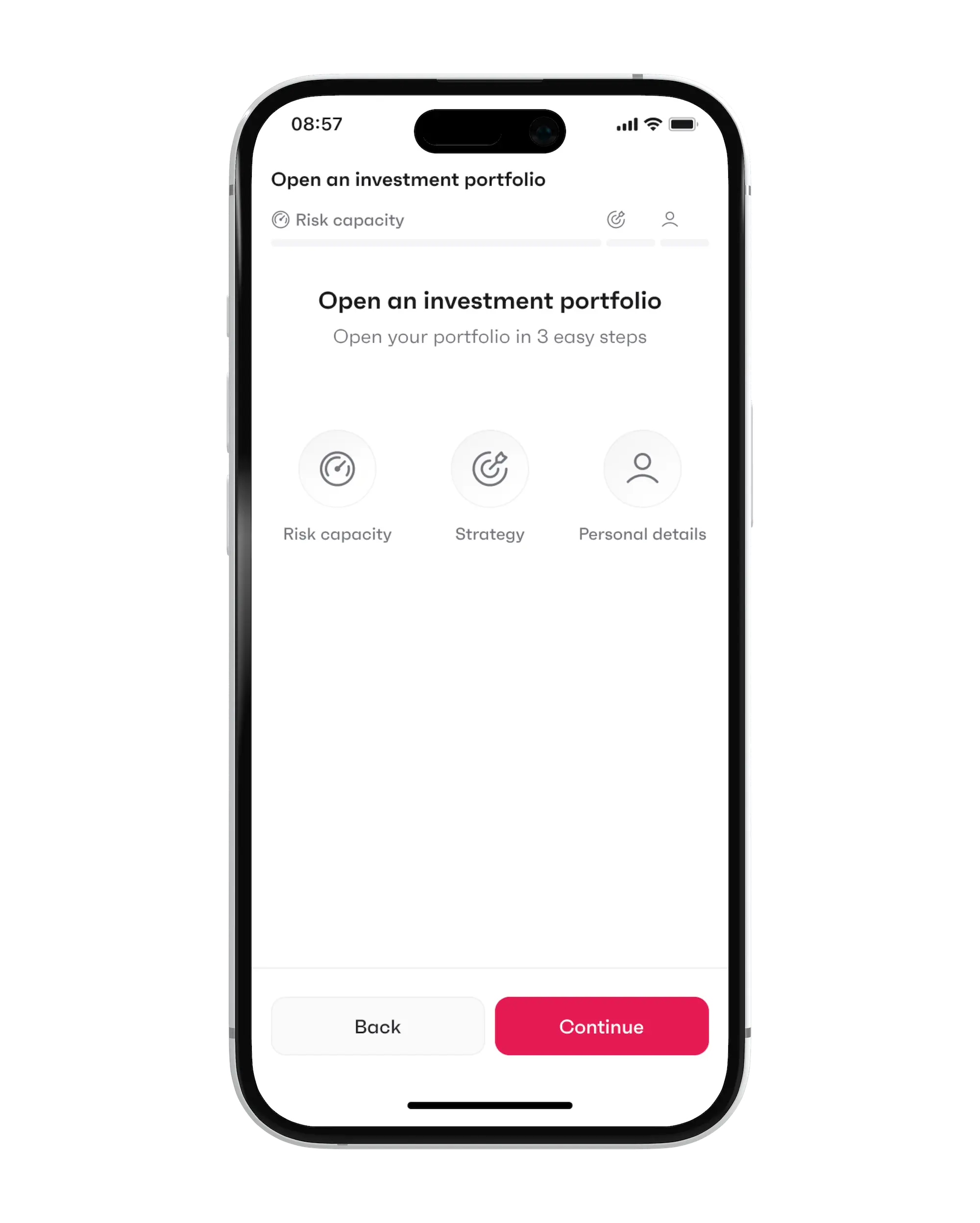 Opening a finpension Invest portfolio in 3 steps: Risk profile, Strategy, Personal details