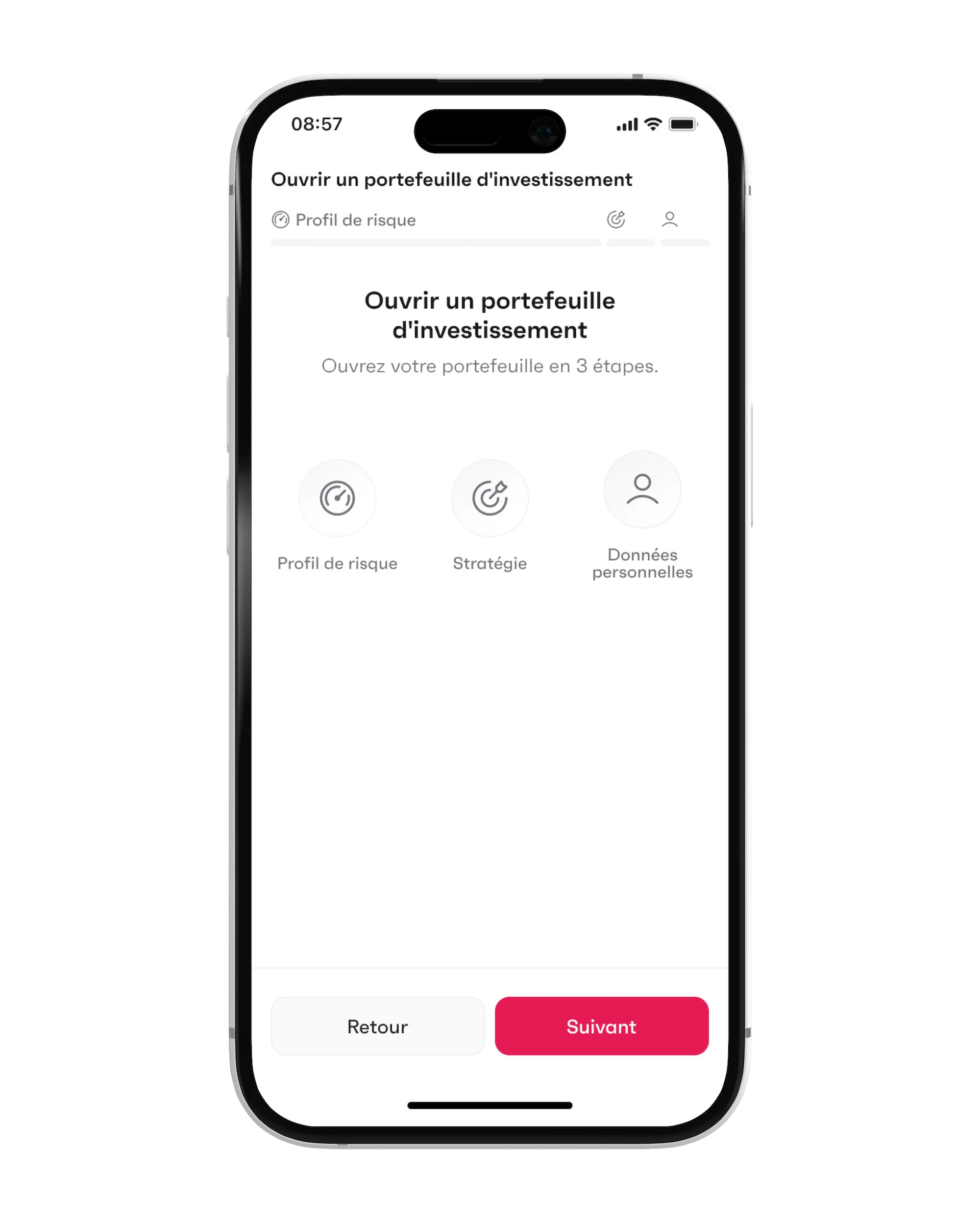 Ouvrir un portefeuille d'investissement finpension Invest en 3 étapes: Profil de risque, Stratégie, Données personnelles