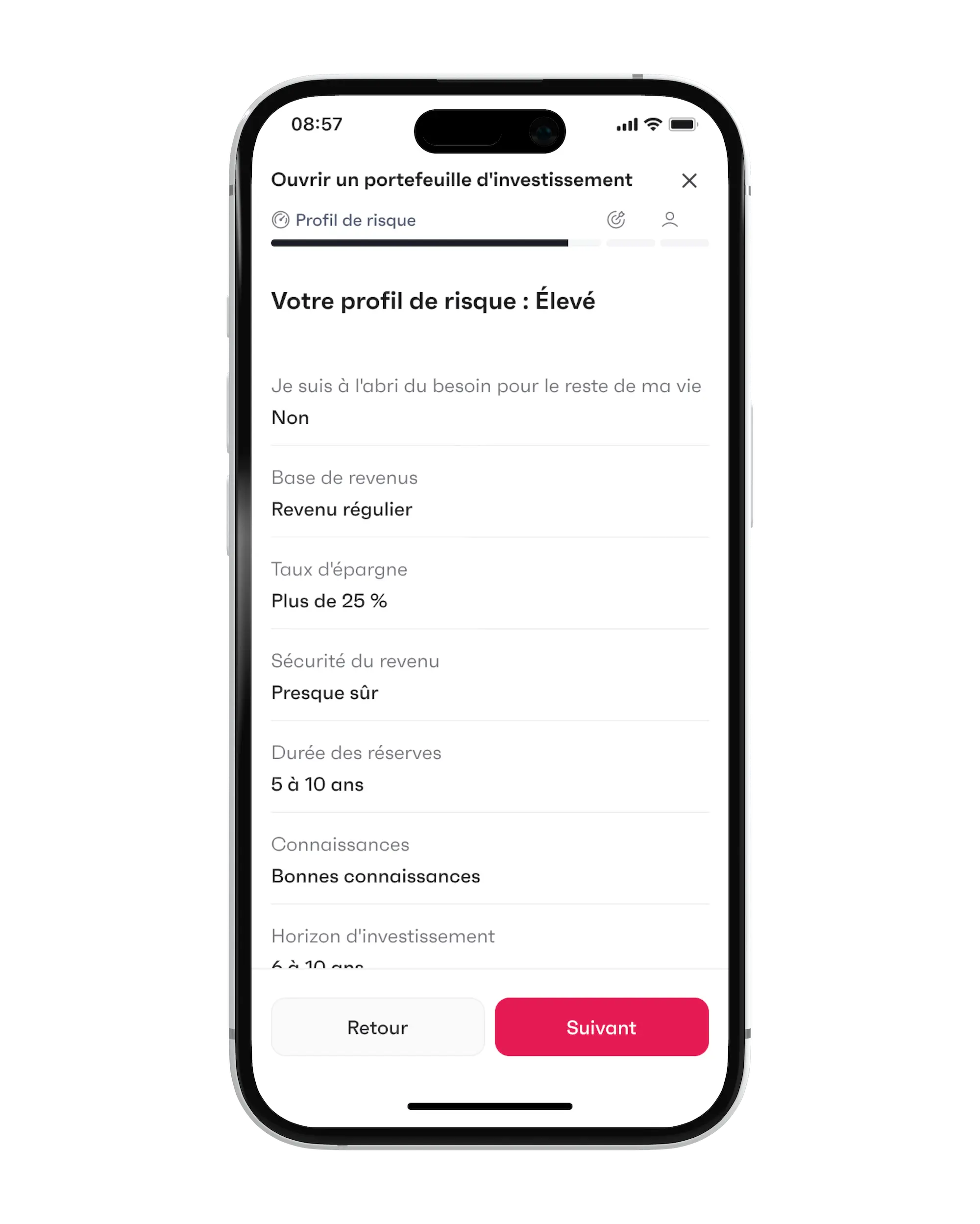 Résumé de ton profil de risque finpension Invest (ici 'Élevé')