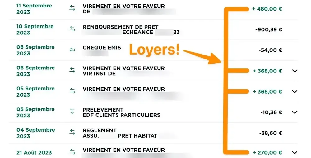 Relevé de compte bancaire - Loyers investissement locatif immeuble France