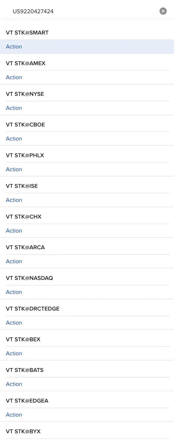 Recherche d'ETF VT ISIN dans Interactive Brokers
