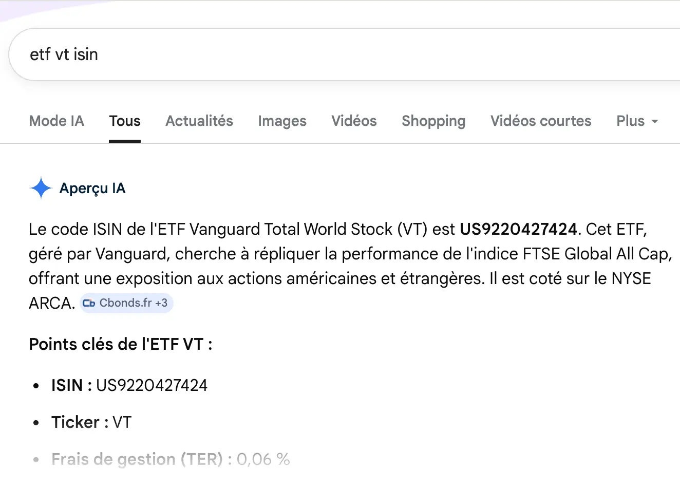 Recherche de l'ISIN de l'ETF VT sur Google