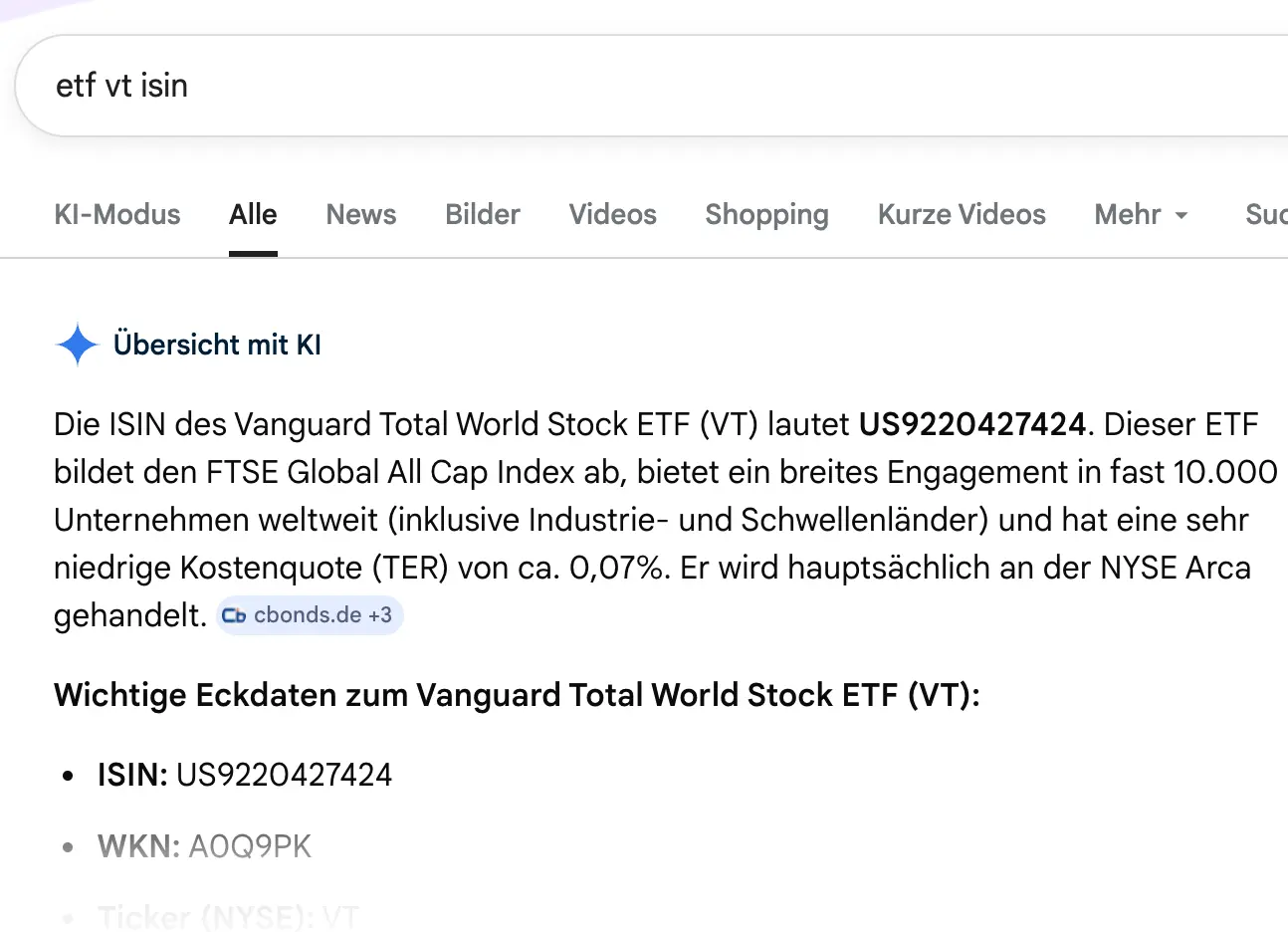 Suche nach der ISIN des VT-ETFs auf Google