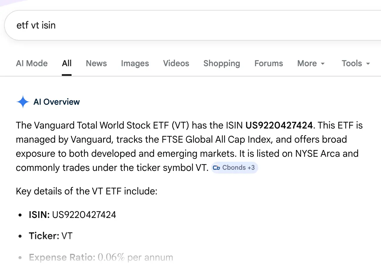 Searching for the VT ETF ISIN on Google
