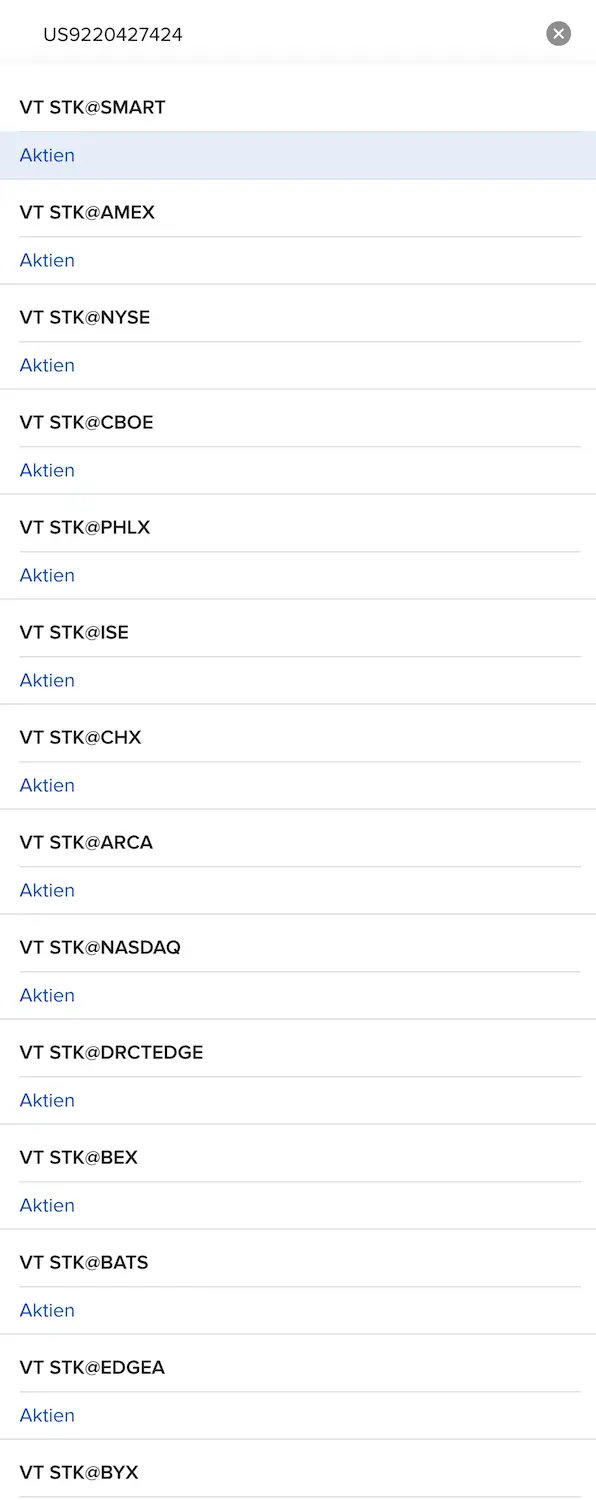 Suche nach dem VT-ETF anhand der ISIN bei Interactive Brokers