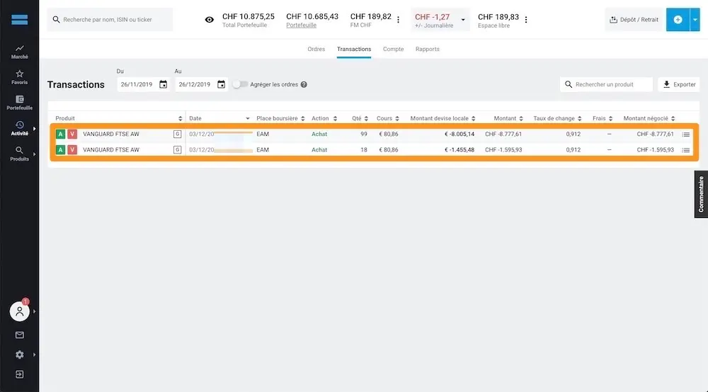 Liste de mes dernières transactions boursières sur la plateforme web de DEGIRO