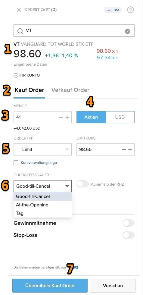 Benutzeroberfläche der mobilen App von Interactive Brokers zum Kauf von Börsentiteln
