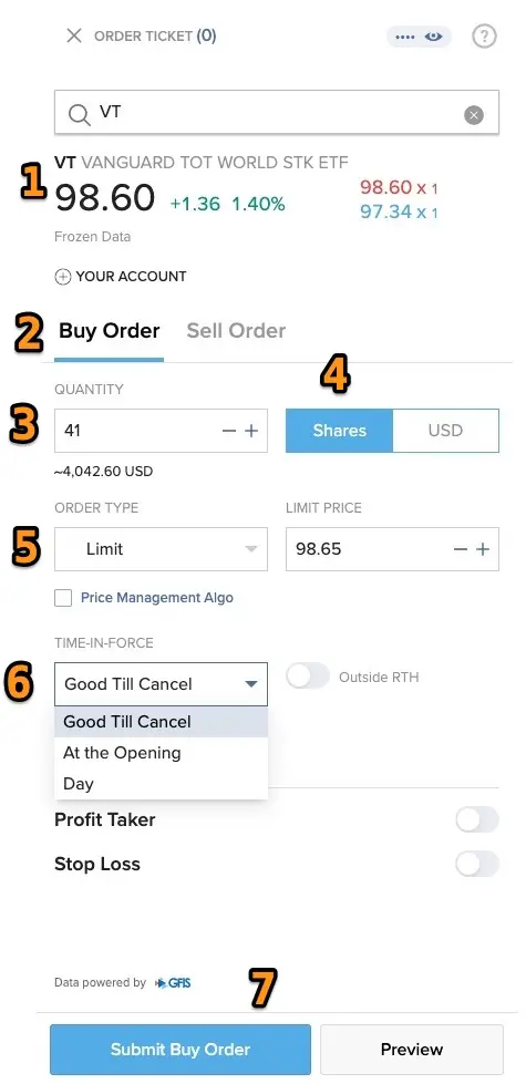 Interactive Brokers mobile app interface to buy a stock on the market