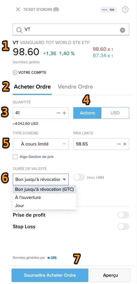 Interface app mobile Interactive Brokers pour acheter un titre en bourse
