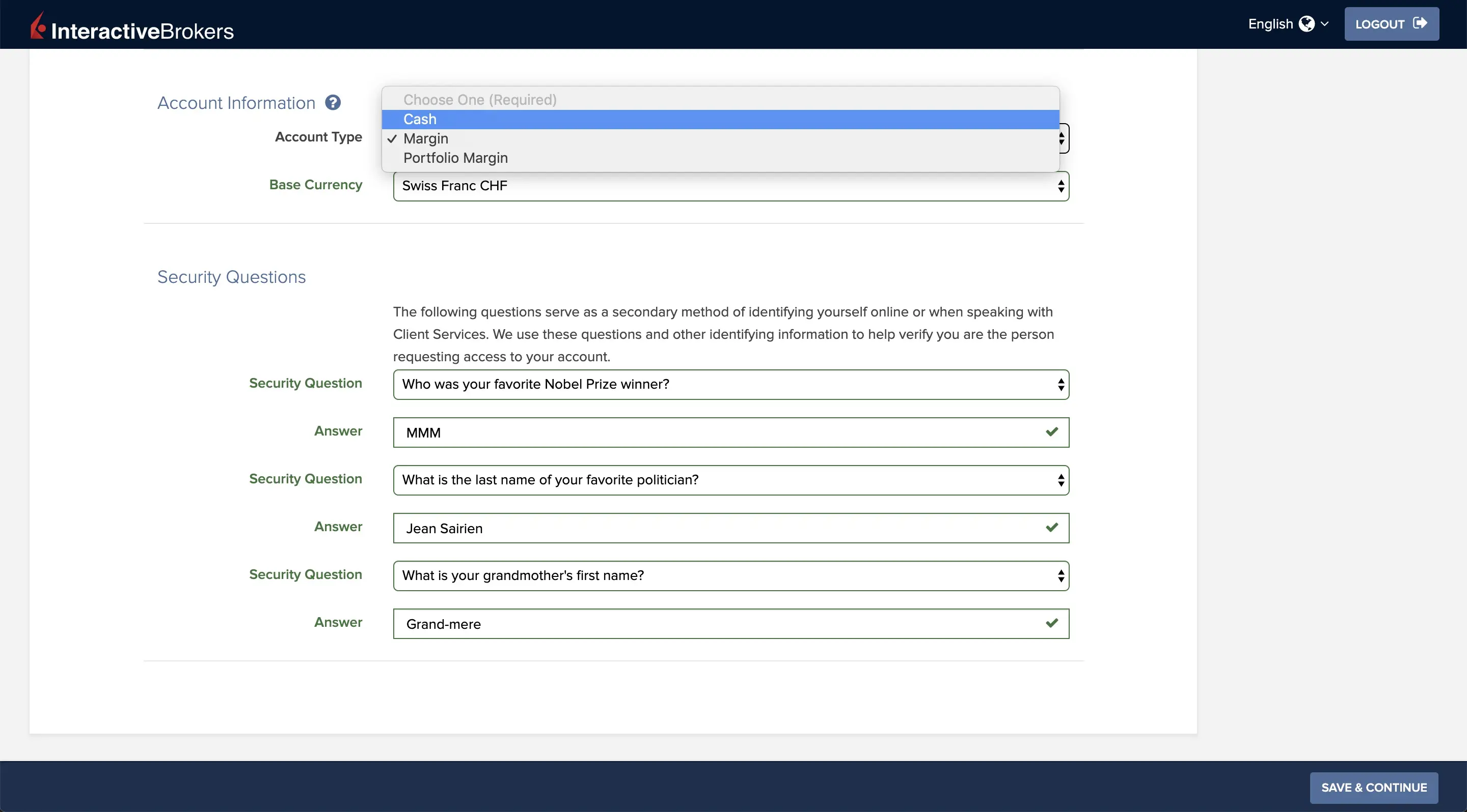Personal information: account type, base currency, and security questions