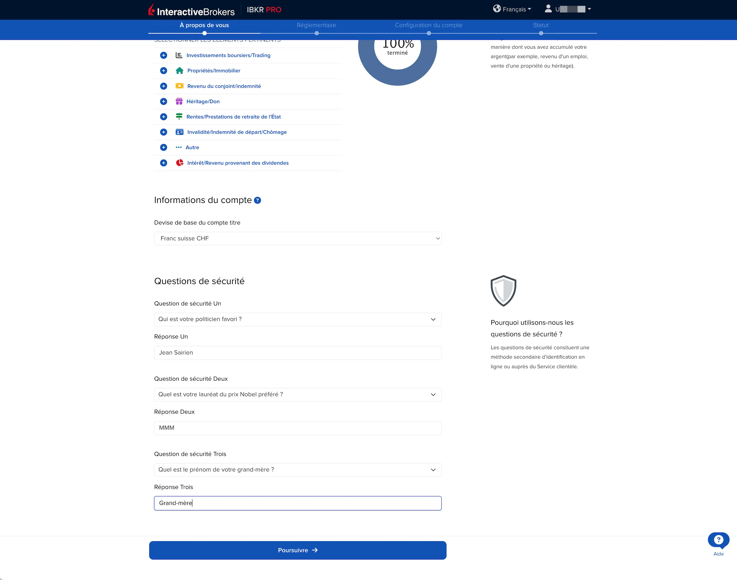 Renseignements personnels : devise de base et questions de sécurité