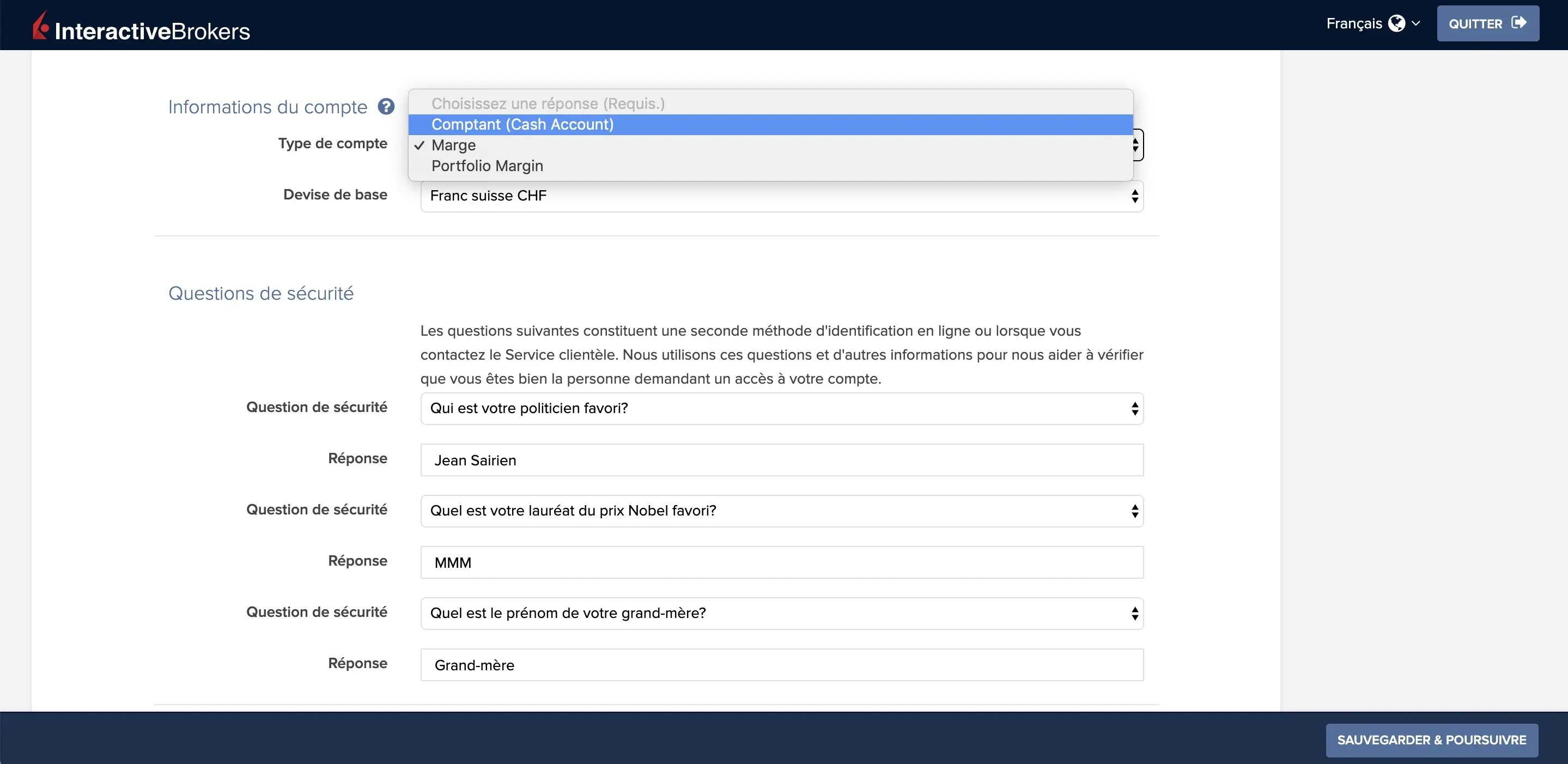 Renseignements personnels : type de compte, devise de base, et questions de sécurité