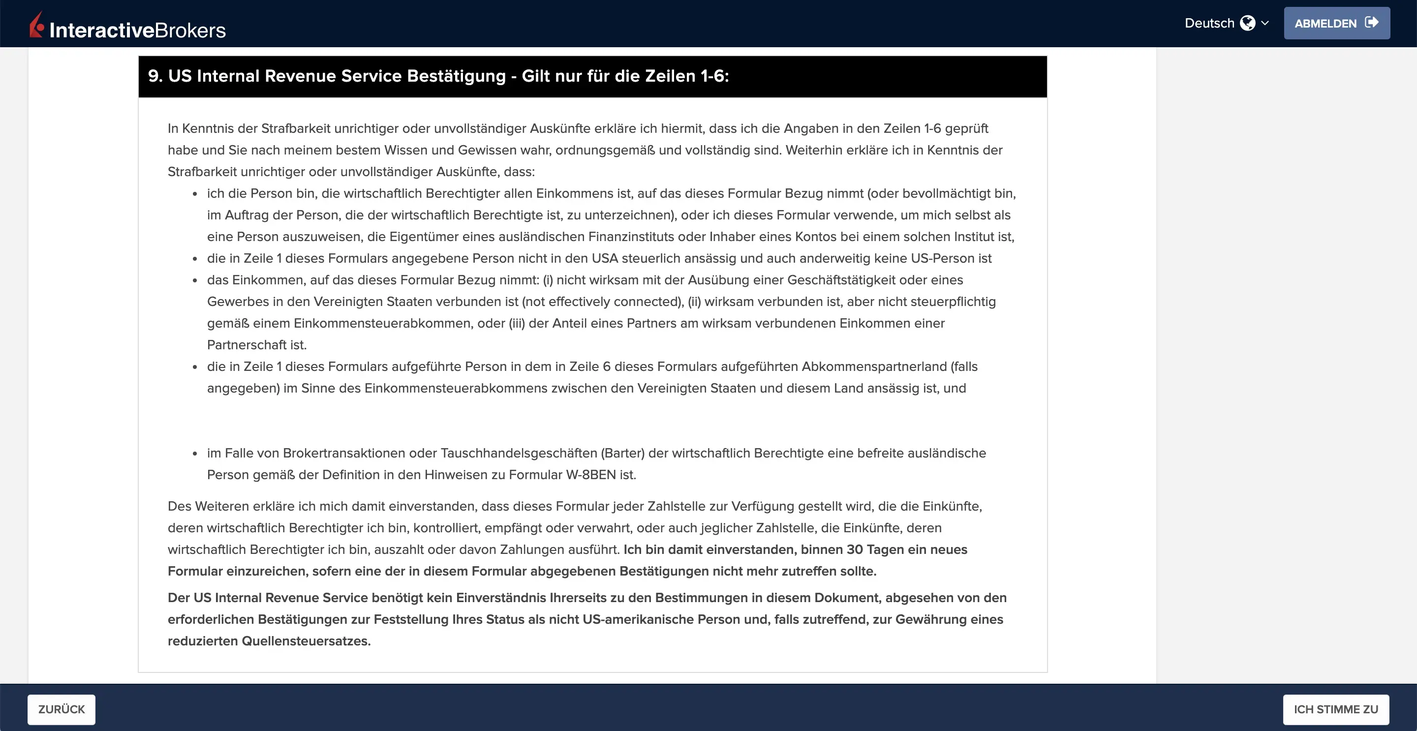 Bestätigung von Steuerresidenzen (rechtliches Blabla für die IRS)